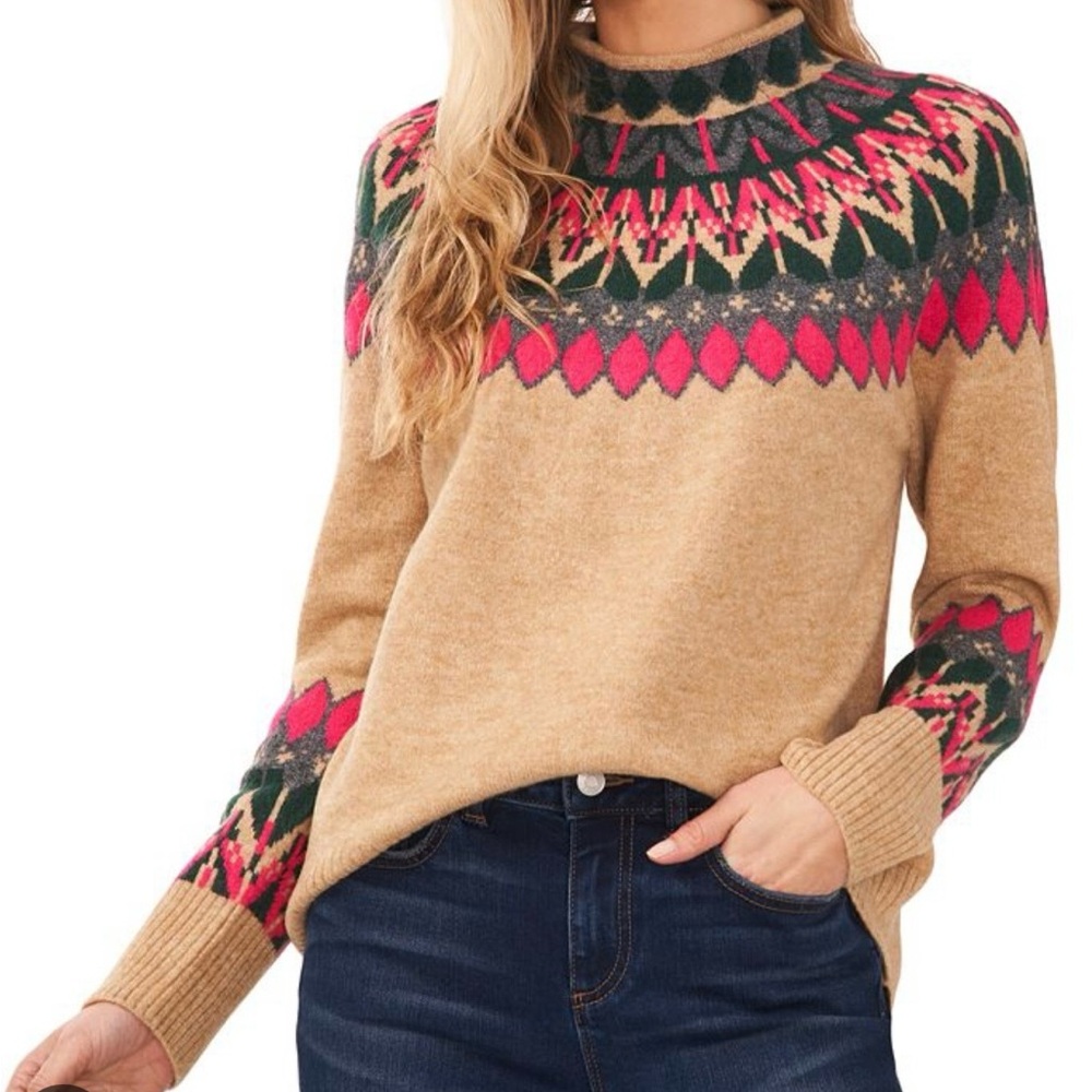 CeCe Beige Sweater with Vibrant Pink and Green Patterns